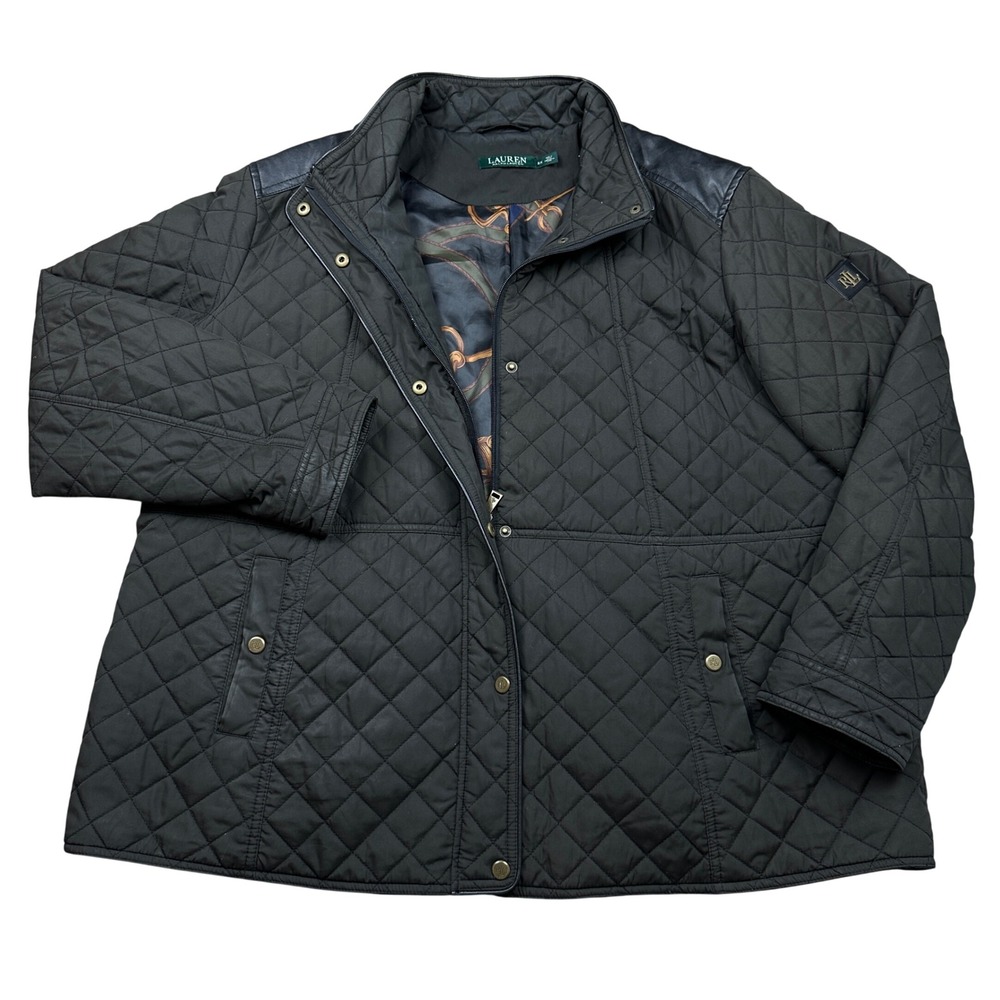 Lauren Ralph Lauren Black Quilted Jacket Faux Leather Trim Plus Size 2X Coat